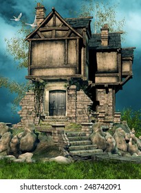 Old Ruined Fantasy House On A Meadow Among Rocks