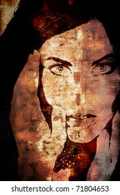old rustic brown wall with a graffiti illustration of a woman's face.