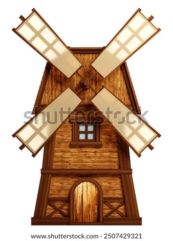 old rustic windmill front view isolated on white background. 3d render illustration. 3D Illustration