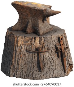 Old rusty blacksmith anvil on tree stump isolated on transparent background (vintage forge tool PNG cutout)