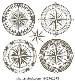 Old sailing marine navigation compass, wind rose icons. Set of windrose for navigation in sea, illustration of compass with wind rose - Shutterstock ID 642961693
