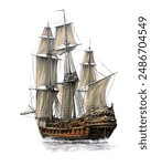 Old sailing military frigate, ship with sails and cannons on a white background. Paintings sea landscape, fine art