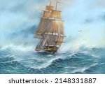 Old sailing ship in the ocean. Oil paintings landscape, fisherman, ships, sea landscape, sailing boat on the sea. Fine art, masterpiece.
