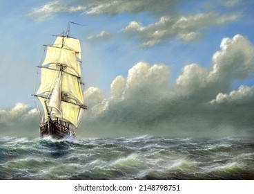 Old Sailing Ship In The Ocean. Oil Paintings Landscape, Fisherman, Ships, Sea Landscape, Sailing Boat On The Sea. Fine Art, Masterpiece.