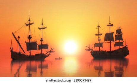 Old Sailing Ship Sunset Bright Sun Beautiful Landscape With Sailboats 3d Render