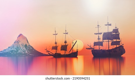 Old Sailing Ship Sunset Bright Sun Beautiful Landscape With Sailboats. 3d Render