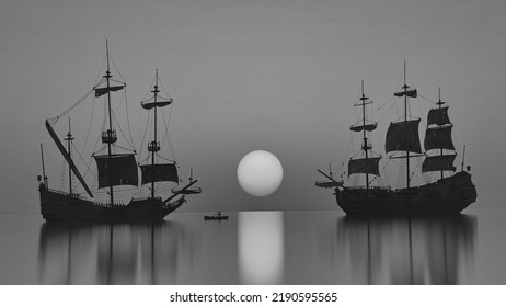 Old Sailing Ship Sunset Bright Sun Beautiful Landscape With Sailboats, Black And White, 3d Render