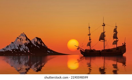 Old Sailing Ship Sunset Bright Sun Beautiful Landscape With A Sailboat Bay Mountains Snowy, 3d Render