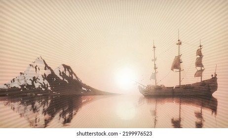 Old Sailing Ship Sunset Bright Sun Beautiful Landscape With A Sailboat Bay Mountains Snowy, 3d Render