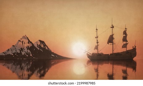 Old Sailing Ship Sunset Bright Sun Beautiful Landscape With A Sailboat Bay Mountains Snowy, 3d Render