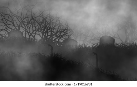 Old and scary cemetery in the dark with tombstones on graveyard and creepy trees on background.
