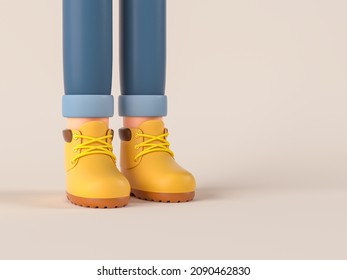 Old school men's shoes. men fashion still life. boots, Young fashion man's legs in blue ripped jeans and yellow boots, waterproof shoes. Creative cartoon layout on pastel background. 3d render - Powered by Shutterstock