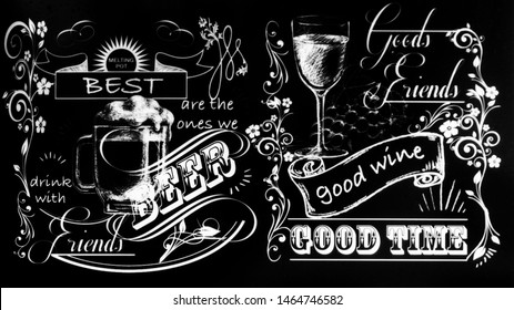 Old school style signboard for wine bar, cafe, bar, chalk restaurant on chalkboard beer and wine text in english with hand drawing - Powered by Shutterstock