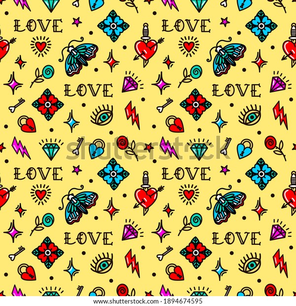 Old school tattoo seamless pattern with love\
symbols. Design For Valentines Day, Stilts, Wrapping Paper,\
Packaging, Textiles