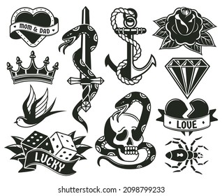Old school tattoo symbols, heart, knife, knot, roses. Retro tattooing elements snake, crown and dice symbols  illustration set. Vintage engraving tattoos spider and dice, love and snake