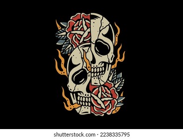 Old school traditional tattoo inspired cool graphic design illustration skull and roses   flames black background for merchandise t shirts stickers label logos decoration wallpaper

