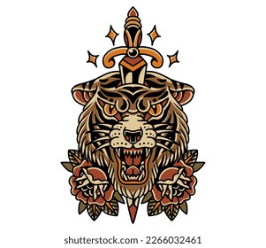 Old school traditional tattoo inspired cool graphic design illustration vicious tiger head sith sword   roses 
