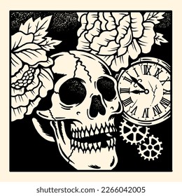 Old school traditional tattoo inspired cool graphic design illustration memento mori and skull  clock  flowers   Gearwheels in frame in black   white