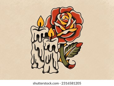Old school traditional tattoo style drawing rose and candles old paper background 

