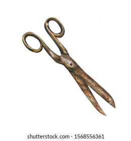 Old Scissors Retro, Vintage, Ussr, Bohemian Style, Bohemian Style,watercolor Illustration On A White Background For Cards, Posters, Stickers,postcards. Isolated.