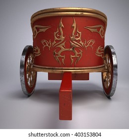 Old Scratched Roman Chariot. On Gradient White Background. Metal Wheels And Gold Decoration. 3D Illustration