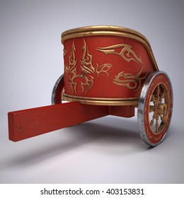 Old Scratched Roman Chariot. On Gradient White Background. Metal Wheels And Gold Decoration. 3D Illustration