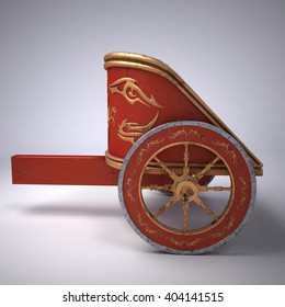 Old Scratched Roman Chariot. On Gradient White Background. Metal Wheels And Gold Decoration. 3D Illustration