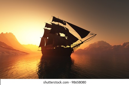 Old Ship With Sails In The Mist.