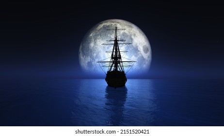 Old Ship Sea Full Moon Illustration Stock Illustration 2151520421 ...