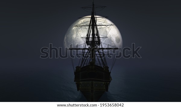old ship\
in sea full moon illustration 3d\
rendering