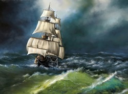Old Ship In The Sea. Storm In The Ocean, Old Sailing Ship, Windy Weather. Digital Oil Paintings Landscape. Fine Art.