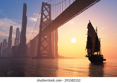 Old Ship Under The Bridge Of A Modern City.