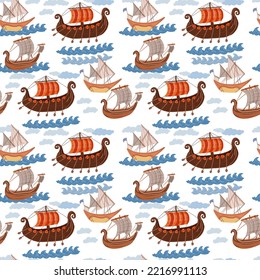 Old Ships Viking Ship Boats Sails Sore Waves Masts Oars History Ancient Times Style Cartoon Hand Drawn Cute Children's Illustration Sketch Set Separately 