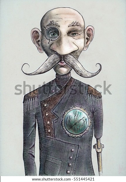 Old Steampunk Character With Mustache And Monocle In A Purple Suit Hand Drawn