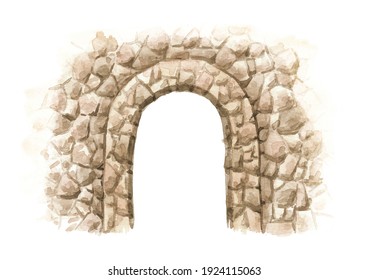 Old stone arch. Hand drawn watercolor illustration isolated on white background