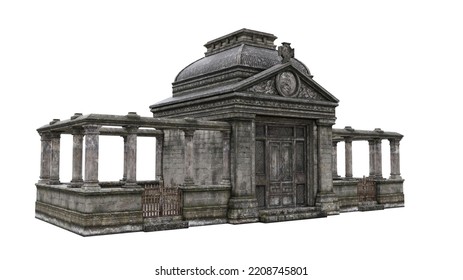 Old Stone Mausoleum Tomb Building. Perspective View 3D Illustration Isolated On White.