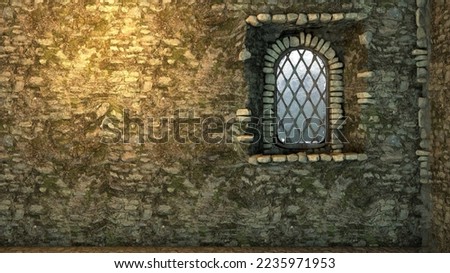Old stone wall with window, 3D illustration.