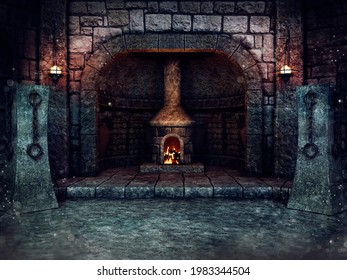 Old Stove With Fire In A Dungeon Basement With Shackles And Torches. 3D Illustration.