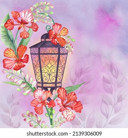 Old street light with tropical flowers decoration Fairy spring garden watercolor illustration Enchanted romantic scenery