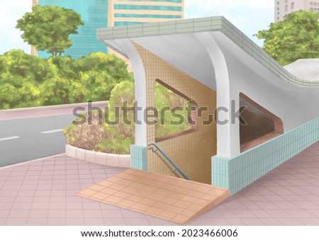Old street underpass, a digital painting of landscape of public walkway tunnel exit and entrance in Taipei city, Taiwan raster 3D illustration anime background.