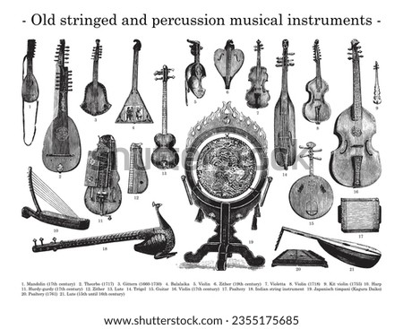Old stringed and percussion musical instruments - Vintage engraved illustration isolated on white background