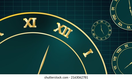 Old style antique clock animation. Multiple clocks moving clockwise and anticlockwise. Concept of Multiverse. 