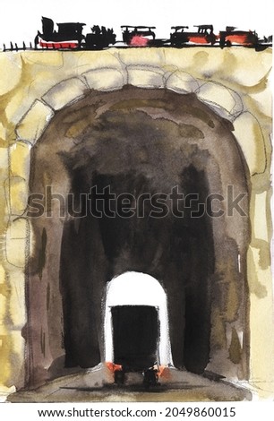 Old style drawing. Arch of a high stone road bridge. A paravoz rides across the bridge. In the arch of the tunnel, the silhouette of a large wagon. Hand drawn watercolor illustration.