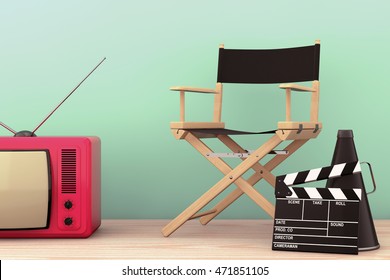 Old Style Photo. Director Chair, Movie Clapper and Megaphone with Classic Vintage TV on the wooden table. 3d Rendering