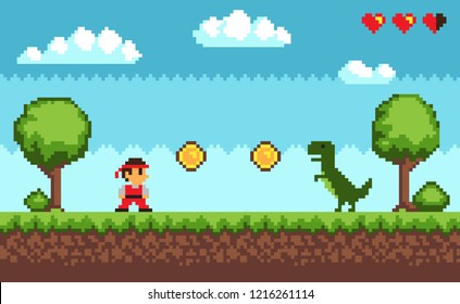 Old style pixel game , picture representing character and dinosaur, coins and health, trees and bushes, sky and clouds on raster illustration