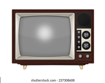 Old style retro tube TV with frequency knobs and wooden style casing. Isolated on a white background with clipping path.