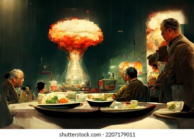 Old Style Satirical Illustration Of People Having Dinner With Nuclear Warfare Happening At The Background. Stylized Illustration Of Nucreal War