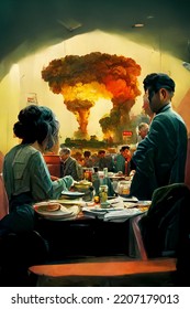 Old Style Satirical Illustration Of People Having Dinner With Nuclear Warfare Happening At The Background. Stylized Illustration Of Nucreal War