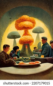 Old Style Satirical Illustration Of People Having Dinner With Nuclear Warfare Happening At The Background. Stylized Illustration Of Nucreal War