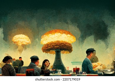 Old Style Satirical Illustration Of People Having Dinner With Nuclear Warfare Happening At The Background. Stylized Illustration Of Nucreal War